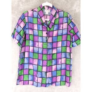 Vintage STUNT 100% Silk Abstract Grid Print Button-Up Blouse Size S